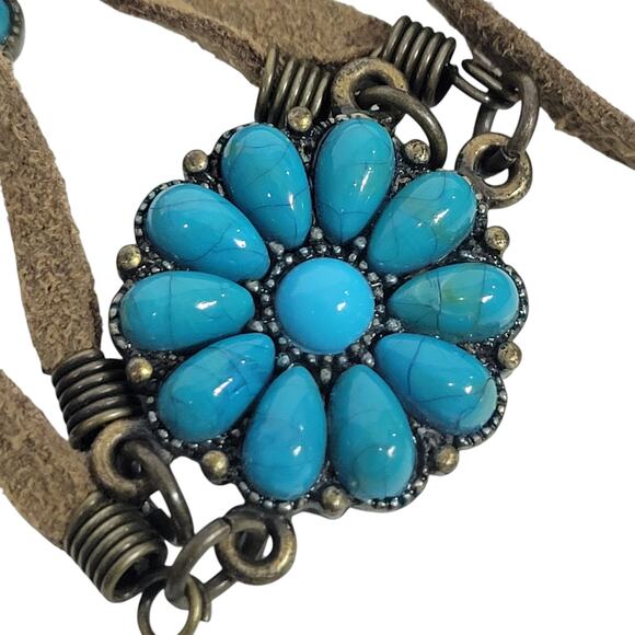 Vintage Turquoise Leather Chain Belt Western Cowgirl Medallion Concho One Size - Picture 12 of 14